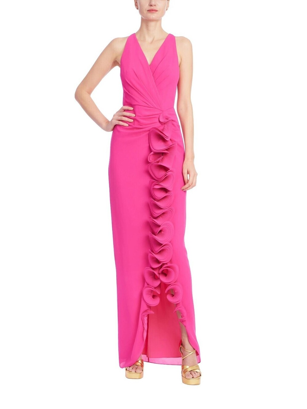 Badgley Mischka Sleeveless V-Neck Gown 3D Rosette Ruffle Magenta Hot Pink sz 4